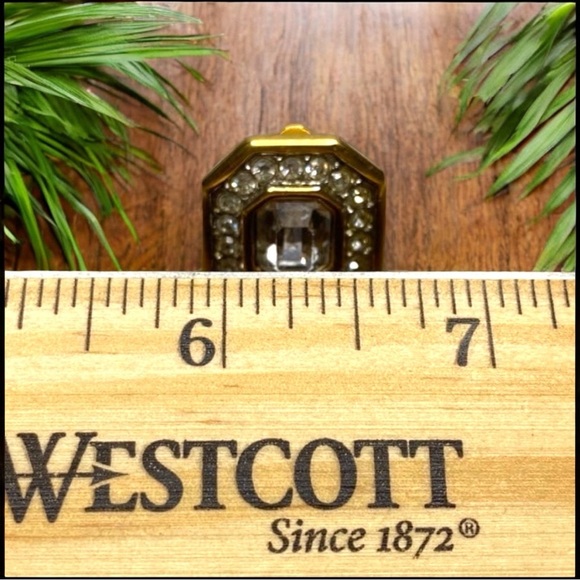 VINTAGE S.A.L. Clip-On Earring | Bold Gold Tone Rhinestone Statement Jewelry - Picture 8 of 10